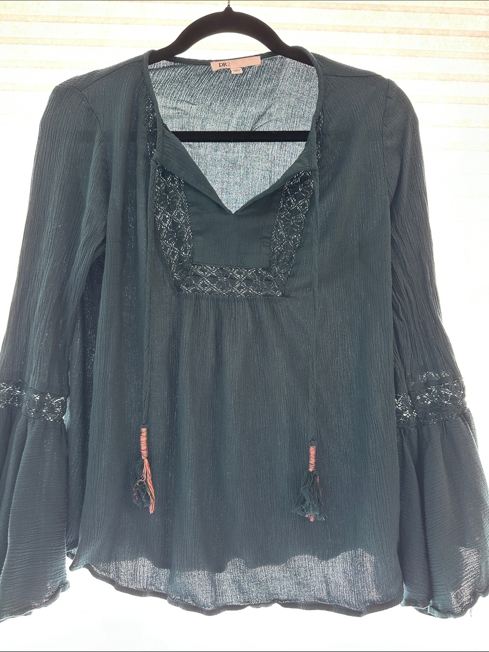 DR2 Teal Peasant Blouse with Crochet Yoke and Tassels